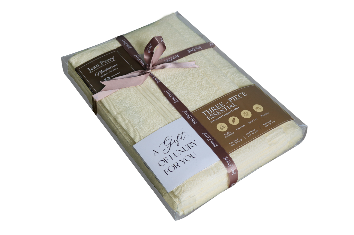 Jean Perry Essential Cotton Towel set (3PCS SET)- Bath Towel, Hand Towel, Face Towel - 100% Cotton